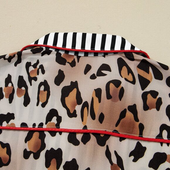B313  Kahiki Leopard Print Color block Striped Edge Shirt and Pants Pajama Set - Picture 8 of 14